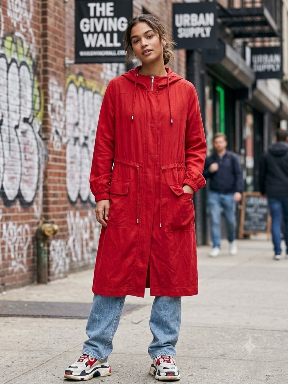 Free People Red Long Hooded Parka Duster Jacket Size L